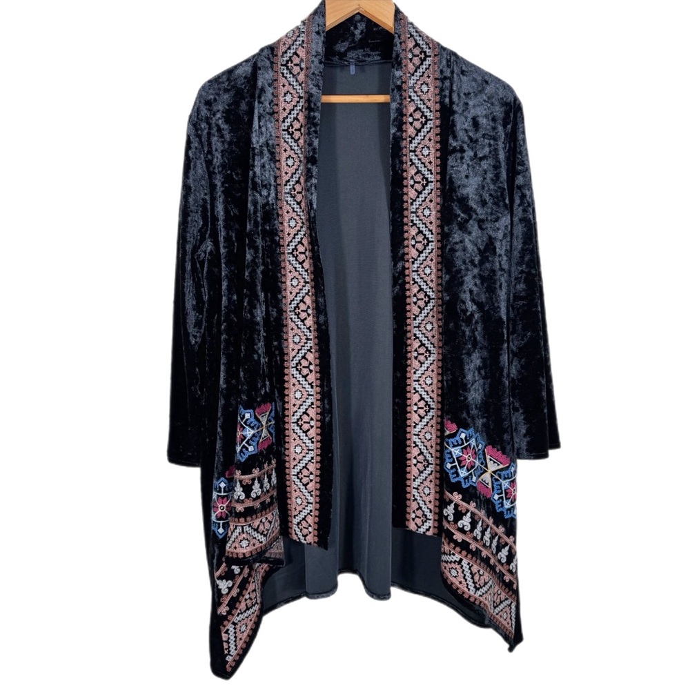 Andree By Unit Crushed Velvet Embroidered Open Front Cardigan L Aztec Western